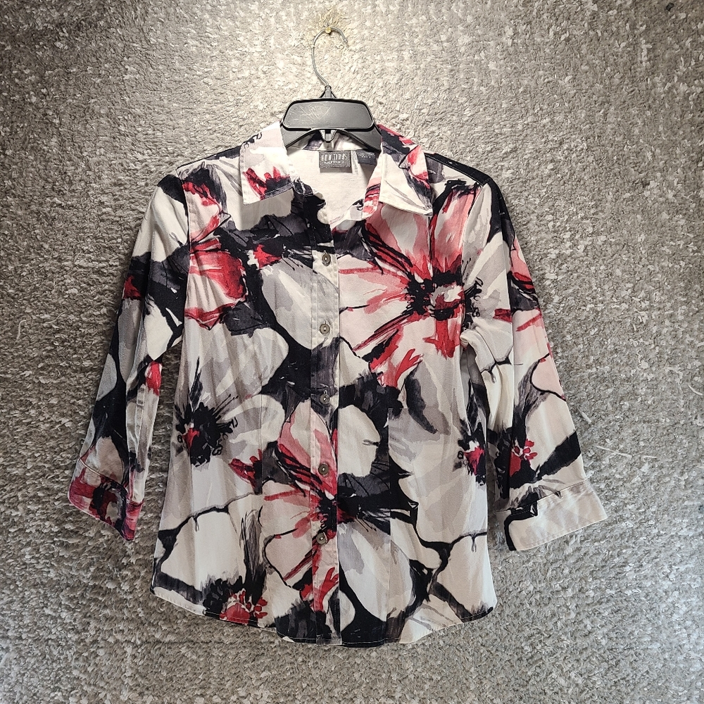 ADDITIONS BY CHICOS Womens Size 0, S Button Up 3/4 Sleeve Blouse Cotton Blend